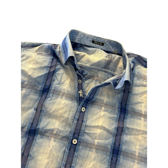 Bugatchi Uomo Men's Blue Linen Plaid Short Sleeve Classic Fit Button Up L Shirt - Picture 8 of 15